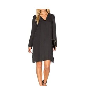 VINCE Size 12 Black 100% Silk Pintuck Split V Neck Long Sleeve Dress